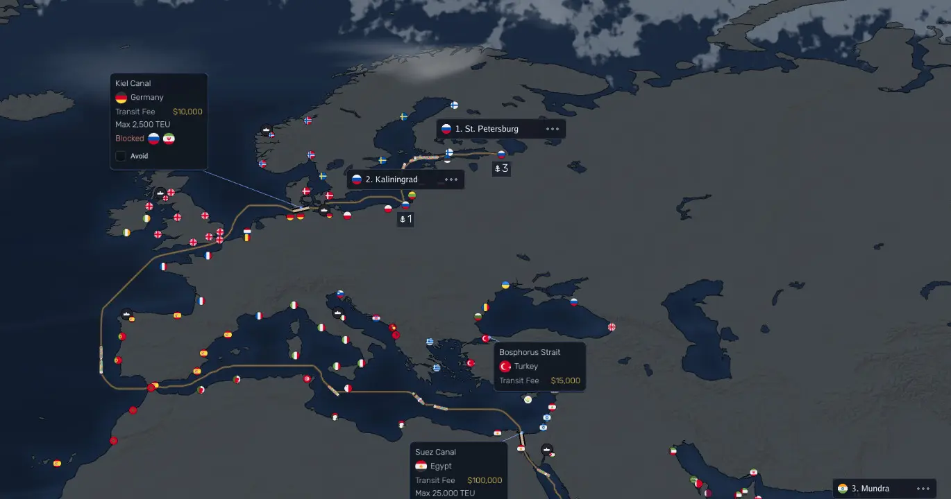 Route from St. Petersburg via Kaliningrad to Mundra with tooltips for the Kiel Canal, Bosphorus Strait and Suez Canal