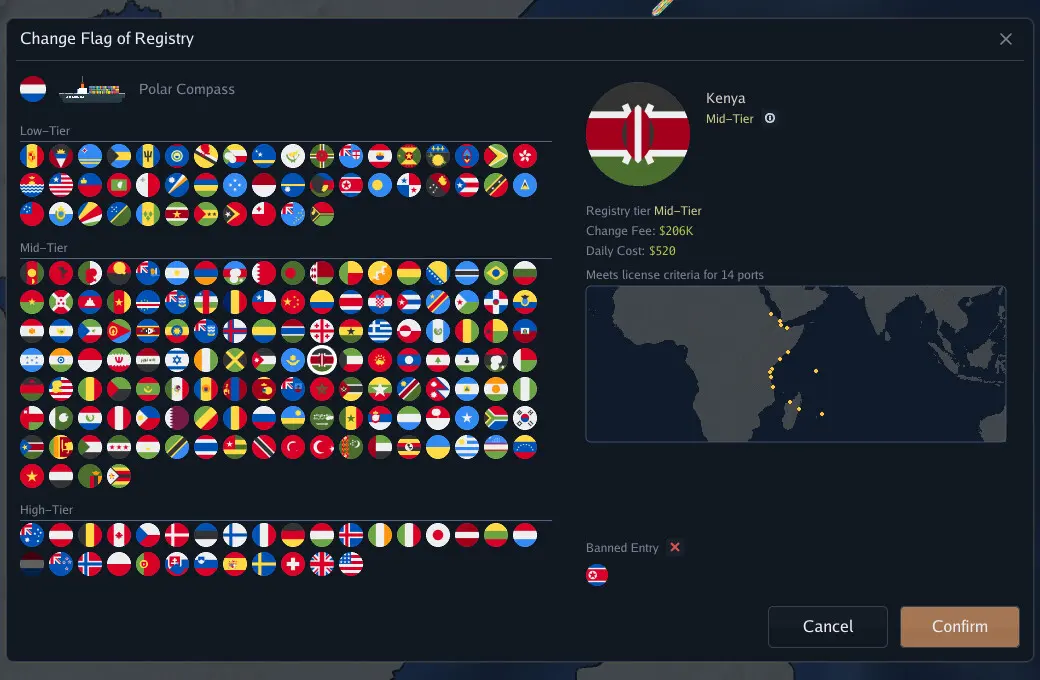 Change Flag of Registry window with Low, Mid and High tier flags, Kenya selected