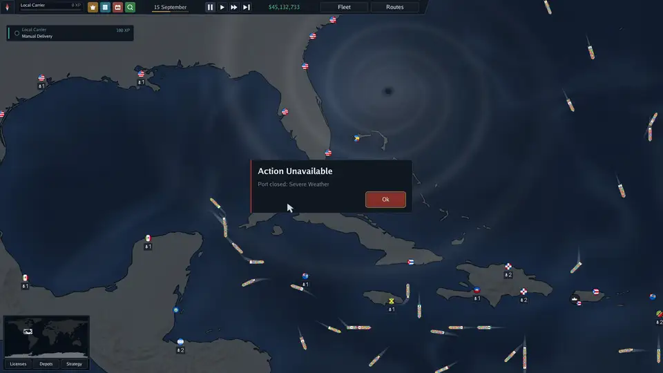 Action Unavailable: Port closed, Severe Weather, with a hurricane over Florida and the Gulf of Mexico