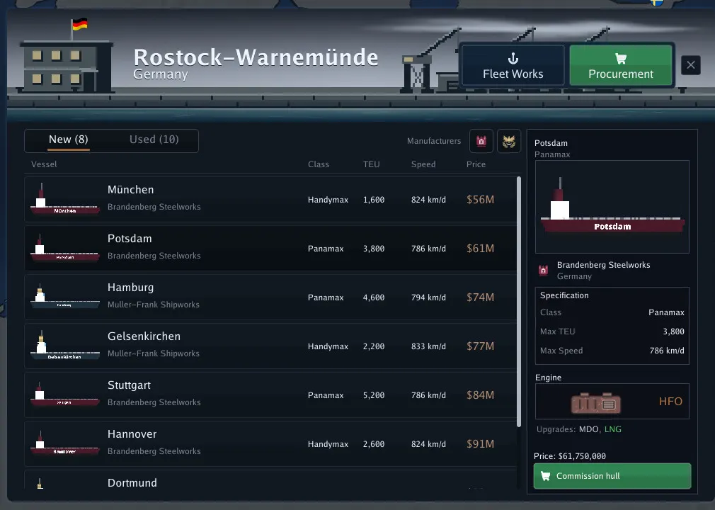 Rostock-Warnemunde shipyard Procurement tab listing new-build hulls with class, TEU, speed and price